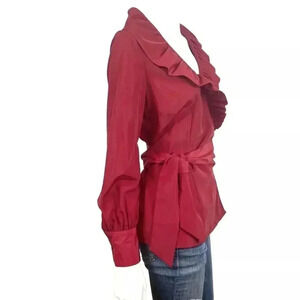 J. Peterman Top Women's Size6 Red Flamenco Ruffle Self Tie Wrap Blouse Shirt